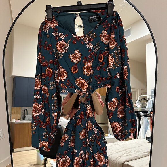 MINKPINK Emerald Floral Cutout Midi Dress Small - Puff Sleeve Boho Wedding Guest - Picture 2 of 6